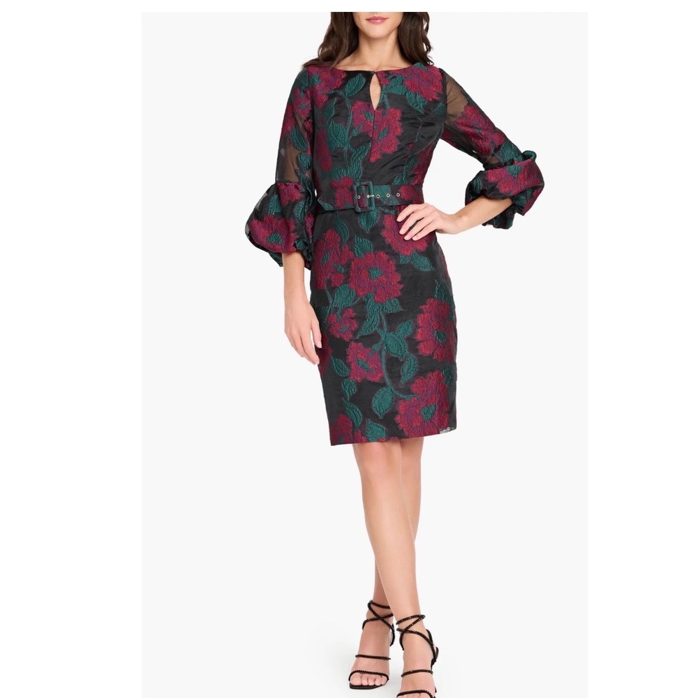 Floral Jacquard Sheath Dress Red Teal Rose Puff Sleeve Belted Cocktail 6